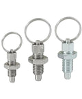 Built Tough Premium Galvanized Steel Spring Plunger Pin With Knurled Pull Ring For Smooth Rotary Indexing And Adjustable Depth Locking Grip Screw Heavy Duty Shopside Hardware M16 By 10mm 1 Pcs in three sizes with pull rings.
