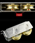 Heavy Duty Stainless Steel Double Wheel Cupboard Door Rollers For Smooth Glide Sliding Cabinet Tracks And No Sweat Furniture Hardware Swaps In Two Piece Lot, showing copper wheels.