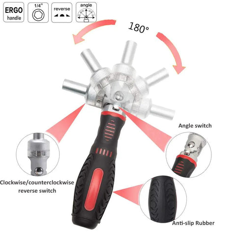 61 In 1 Ratcheting Screwdriver Set With Magnetic Bits, showing 180° rotatable handle and various features like angle switch and anti-slip rubber.