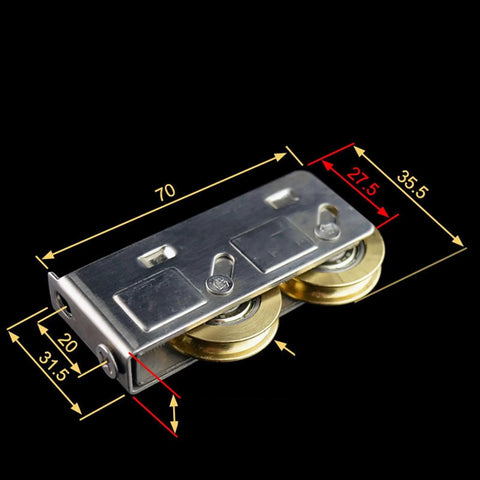 Top Tier Sliding Door Pulleys With Butter Smooth Double Wheel Track Rollers Heavy Duty Stainless Steel Hardware close-up with measurements