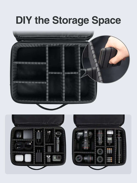 Interior view of Hella Spacious Electronics Travel Case Cable Management Bag Charger Cord Holder Power Bank Sleeve Fits 15 Inch Laptop with adjustable dividers.