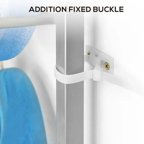 Close-up of secure buckle detail on heavy duty 3 tier water jug rack for 5 gallon jugs, easy assembly storage stand, silver finish.