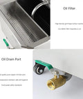 Oil filter and drain port of Huge 65 Liter Commercial Fryer Filter Machine Pump System Stainless Steel Oil Filtration Unit.