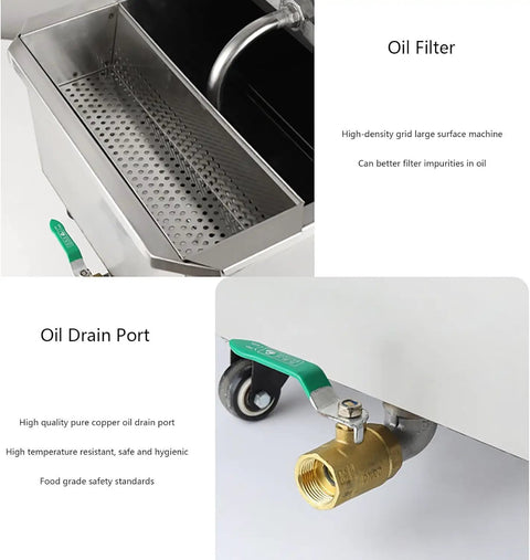 Oil filter and drain port of Huge 65 Liter Commercial Fryer Filter Machine Pump System Stainless Steel Oil Filtration Unit.