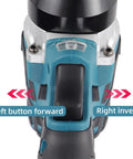 Close-up of Hella Strong Cordless Rivet Nut Gun With 26V Lithium Battery Pack showing control buttons for forward and invert operation.