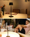 Cordless Table Lamp With 6000mAh Battery IP54 Waterproof All Aluminum Body Touch Dimming Warm Light For Indoors Or Outdoors In Homes Restaurants Buffets Bars Cafes Black on dining table and patio setup