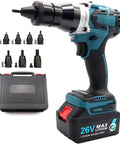 Heavy Hitter Cordless Rivet Nut Gun Engineered With Dual Speed Gearbox And Smart Memory 26V Lithium Battery Electric Blind Riveter Wrench displayed with multiple attachments and case.