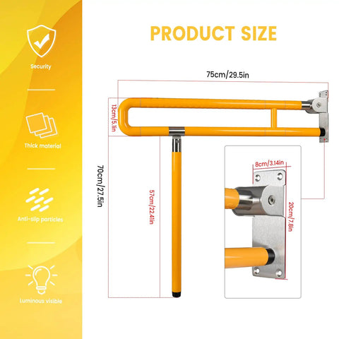 Heavy Duty Foldable Toilet Grab Bar With Flip Up Bathroom Safety Rail Non Slip Shower Support Handle Heavy Lifter Core No Sweat Grip Reliable Ride For Seniors And Mobility Users product size dimensions illustration