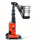 Electric Self Propelled Vertical Mast Boom Lift Brings Compact Workhorse Power With Articulated Jib in red with black platform.