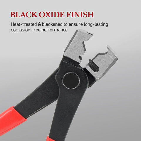 Close-up of a 9 Piece Hose Clamp Pliers Set With Flexible Long Reach For Automotive Coolant Radiator Heater And Water Lines Locking Mechanism Carbon Steel With Black Oxide Finish Ergonomic Grip Red Auto Clamp Removal Tool Kit showing the black oxide finish.