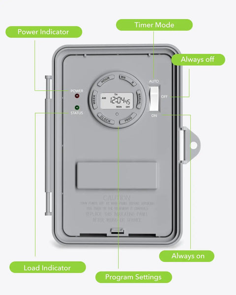 Heavy Duty Workhorse Digital Pool Timer For Outdoor Spas And Water Heaters 40 Amp 120 To 277 Volt control panel with indicators and settings.