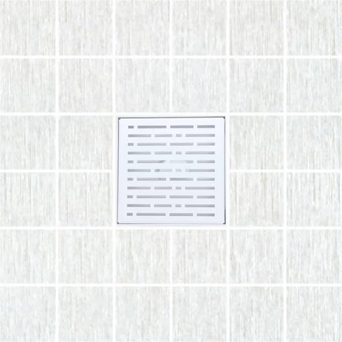 Top Shelf Six Inch Shower Drain Kit Featuring Slick Matte White Finish Heavy Duty Cast Iron Base And Rust Proof Stainless Steel Grate Tile Ready Hair Catcher Strainer No Fuss Upgrade installed in light tile floor.