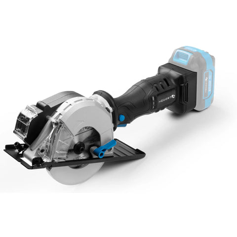 No Nonsense 18V Brushless Cordless Circular Saw With 120 Mm Blade For Sweet Fast Cuts Through Metal Or Plasterboard Compact Workhorse Built Tough Includes Aluminum Guard And Parallel Fence Without Batteries, side view.