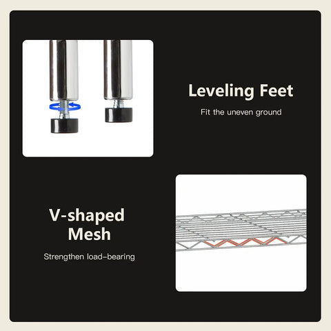 Straight Up Rock Solid Five Tier Wire Shelving Unit With Adjustable Shelves And Foot Levelers featuring leveling feet and V-shaped mesh design.