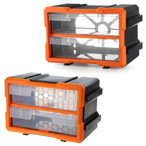 Heavy Duty Plastic Hardware Toolbox With Slide Out Compartments For Screws Bolts And Parts Organizer, transparent lid, black base, orange clips.
