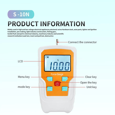 Kickass Digital Force Gauge With Hella Accurate Push And Pull Meter showing LCD display and buttons for mode settings.
