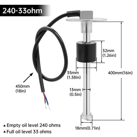 Heavy Duty Fuel Sending Unit And Gauge Kit Compatible With 240 To 33 Ohm Systems showing dimensions and stainless steel float.