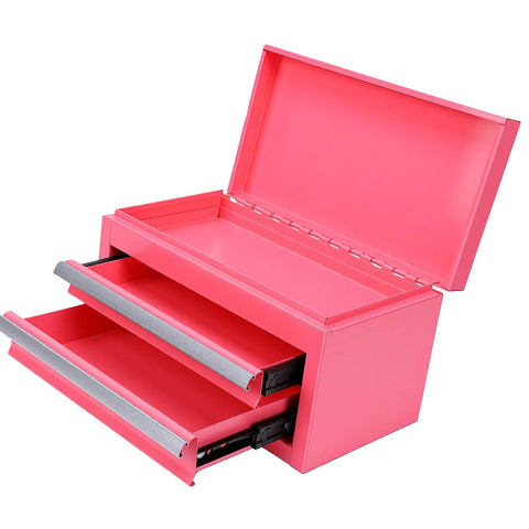 Pink Mini Toolbox Featuring Two Smooth Pullout Drawers And Heavy Duty Iron Frame Compact Portable Gear Case rig open with drawers extended