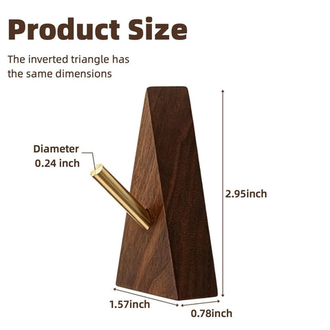 Solid Black Walnut Triangle Wall Hooks With Brushed Brass Caps, Heavy Duty Entryway Coat Rack, Hella Sturdy Key Holder dimensions shown in inches.