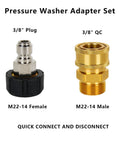 Pressure washer adapter set: brass M22-14 quick-connect male and female fittings with black plastic nut.