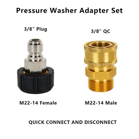 Pressure washer adapter set: brass M22-14 quick-connect male and female fittings with black plastic nut.
