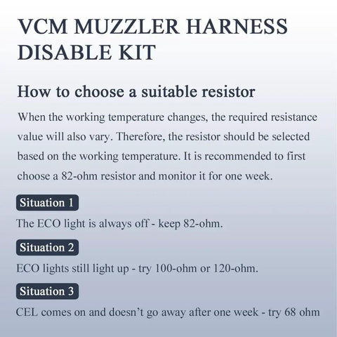 VCM MUZZLER HARNESS DISABLE KIT guide detailing resistor selection for optimal function and troubleshooting options.