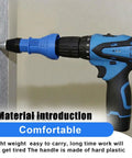 Rivet Gun Adapter Kit For Cordless Drill With Four Head Sizes 2.4mm 3.2mm 4.0mm 4.8mm attached to blue drill in use