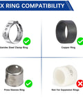 Image showing PEX ring compatibility with stainless steel clamp ring, copper ring, press sleeves ring, and not for expansion rings.