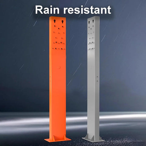 Heavy Duty Built Like A Tank EV Charger Station Box With Weatherproof Rain Shield And Screw Down Ground Mount Cable Manager For Garage Or Parking Lot Easy Hookup In Gray, featuring orange and gray colors.
