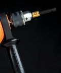 Close-up of Heavy Duty Seven Piece Steel Socket Adapter Kit with Rock Hard Finish on cordless drill.