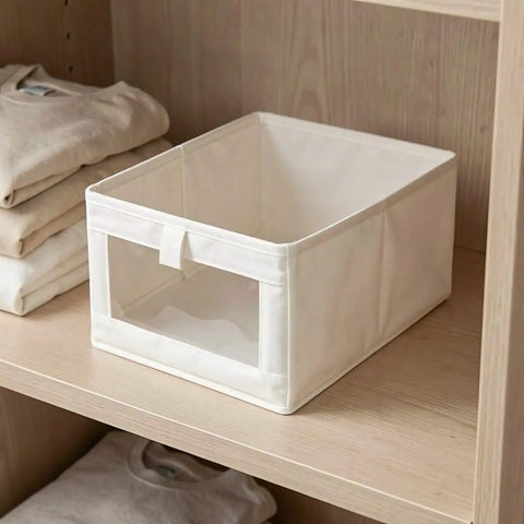 Straight Up Durable Cotton Linen Foldable Closet Organizer Bins Set Of Three With Tough Handles And Clear Window Collapsible Fabric Storage Cube on shelf.