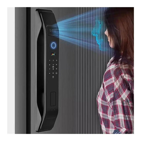 Solid Choice Face Recognition Smart Lock And Biometric Deadbolt For Home Security, sleek design with woman using face scan.