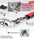 Locking Flexible Extendable Ratchet Wrench With A 180 Degree Flex Head For Three Eighth Inch Drive Reversible With Seventy Two Tooth Geared Action And Soft Grip Adjustable Length From 10.2 To 14.1 Inches Built For Real World Tough Jobs, showing features and locking mechanism