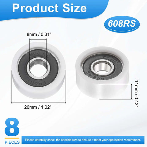 Built Tough Eight Piece Nylon Ball Bearing Guide Pulley Roller Kit Featuring Slick Ultra Smooth 608Rs Sealed Bearings for heavy load, 8mm diameter