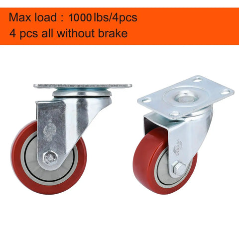 Rock Solid Heavy Duty Swivel Caster Wheels With Precision Ball Bearings For Smooth Roll And Dead Silent Glide 3 Inch Non Brake Polyurethane Tread Steel Mount Base Furniture Workbench Set Of Four, showing two views of wheels.