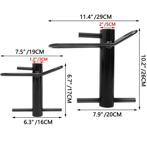 Dimensions of metal quick attach plate with 7.5x19cm and 11.4x29cm measurements, showing height and width comparisons