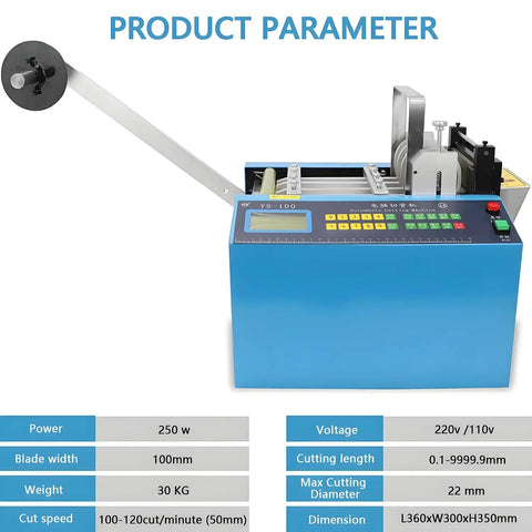 Automatic Heat Shrink Tube Cutter Machine With 100 mm Cutting Width And 0.1 mm To 99999.9 mm Adjustable Length, blue front view