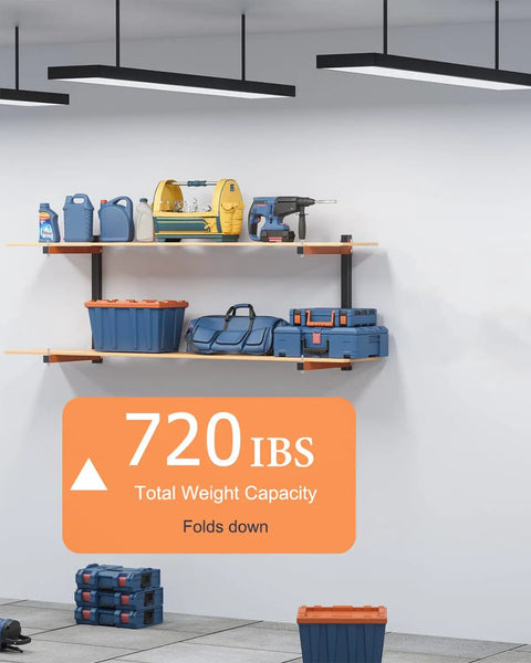 Heavy Duty Wall Mounted Lumber Storage Rack With 6 Levels Up To 720 Lbs Capacity Built Tough Folding Garage Wood Organizer Orange Shelving Indoor Outdoor Use Sturdy Steel Construction For Workshop And Shed displaying tools