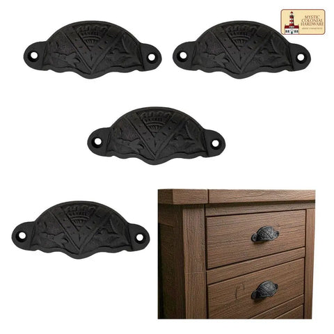 Set of 4 Black Cast Iron Cup Drawer Pulls Featuring Mystic Colonial Medieval Design, Rock Solid Hardware at 3 1/4 Inches with Easy Grip Handle for Dresser Furniture Update that Hits Different seen on a wooden dresser.