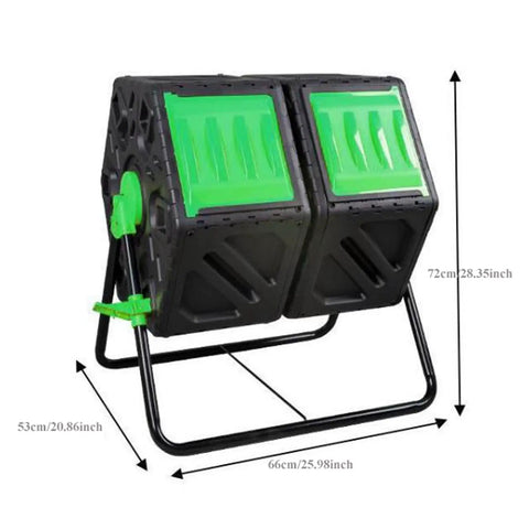 31 Gallon Dual Chamber Rotating Compost Bin With Tumbling Action No Dig Easy Turn Sliding Doors And Aeration System BPA Free Garden Compost Tumbler For Quick Effortless Mix Bright Orange, shown from side view with measurements visible.