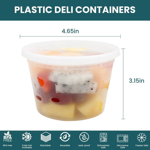 Straight Up Solid 16 Oz Deli Containers With Lids 48 Sets BPA Free Leakproof Soup Bowls, stacked with colorful fruit.