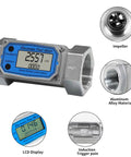 2 Inch Digital Turbine Flow Meter With NPT Thread for Water and Fuels, LCD display, aluminum build, impeller view.