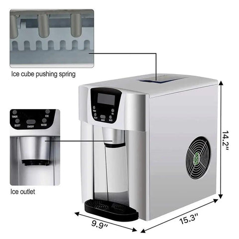 Zero Drama Automatic Countertop Ice Machine Cranking Out Fresh Clear Cubes At Nine Point Five Kilograms Daily With Food Grade Abs Body And Sleek Brushed Metal Finish showing controls and ice outlet.