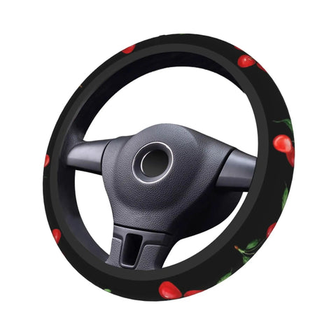 Cherry Themed Aluminum License Plate Frame With Anti Slip Breathable Steering Wheel Cover showing cherry pattern