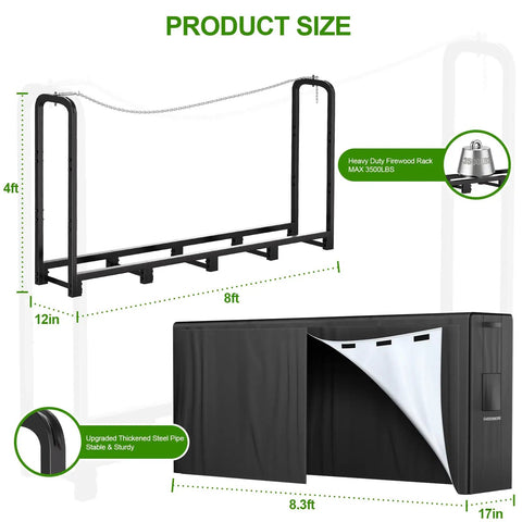 Diagram showing 8Ft Heavy Duty Firewood Rack With Cover For Indoor And Outdoor Use, Rugged Steel Log Holder dimensions and features.