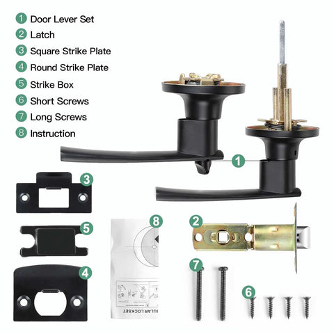 Heavy Duty Matte Black Privacy Door Handles 8 Pack Interior Bedroom Bath Lever Set With Easy Turn Lock components and installation guide.