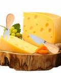 Professional Wood Cheese Slicer And Cutting Board Set Featuring Four Adjustable Wire Blades For Effortless Hard And Soft Cheese Slicing A Top Shelf Kitchen Essential That Makes Food Prep Hit Different with cheese and utensils on wooden board.