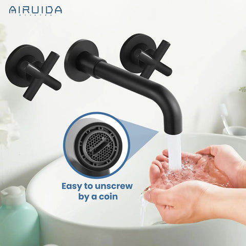 Solid Brass Widespread Wall Mount Bathroom Faucet With 360 Degree Swivel Spout Matte Black Finish Double Cross Handles Rough In Valve Wall Mounted Lavatory Sink Mixer Tap For Vanity 8 Inch Centers Built Tough For Everyday Use showing water flow into hands