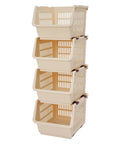 4 Pack Stacking Storage Baskets Featuring Open Front Design Effortless Grab and Go Beige Home Organization Essentials No Cap Your Pantry Will Thank You For This Clean Sweep Setup 11X13.8X8.7, stackable bins in beige plastic.
