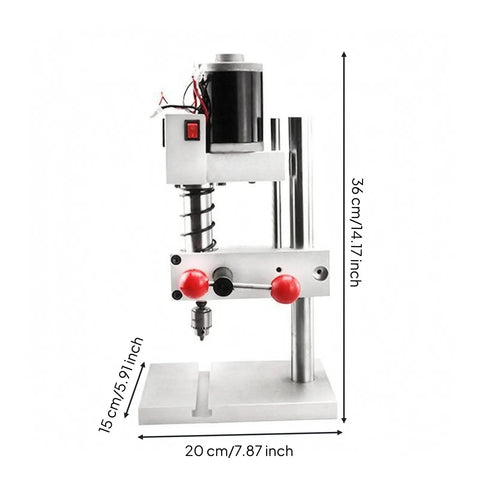Compact Mini Bench Drill Press With Rectangular Base Silver Black showing dimensions 20 cm x 15 cm x 36 cm for DIY projects